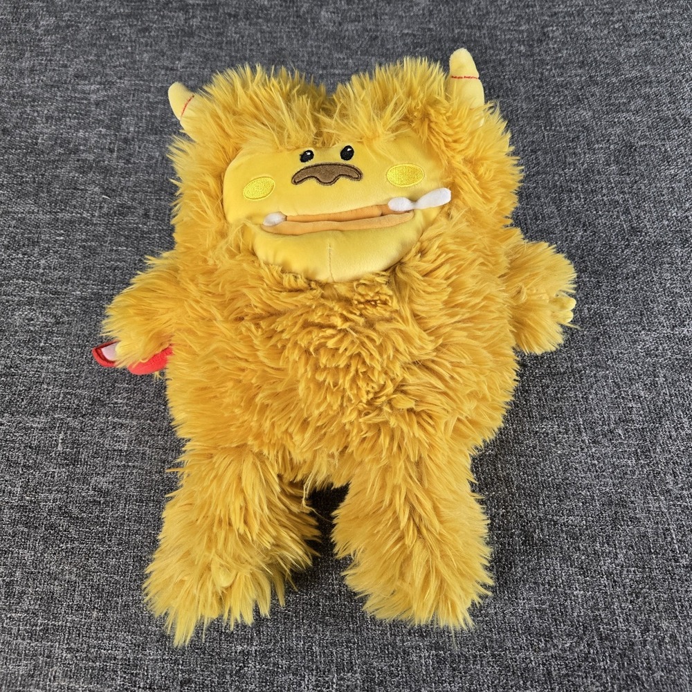 GiggleScape Yellow Shaggy Monster Plush Stuffed Animal with Red Tail 13 Inch